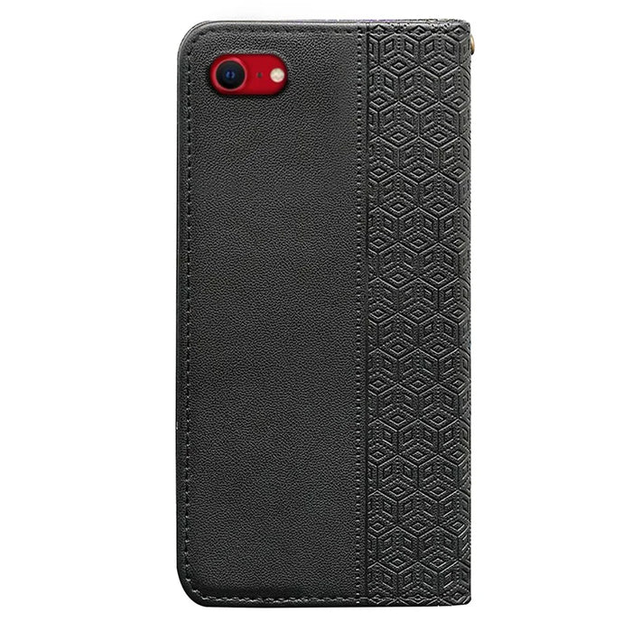 For iPhone 17e / 16e Wallet Phone Case Checkered Pattern Imprint Leather Flip Cover with Wrist Strap - Black - 7