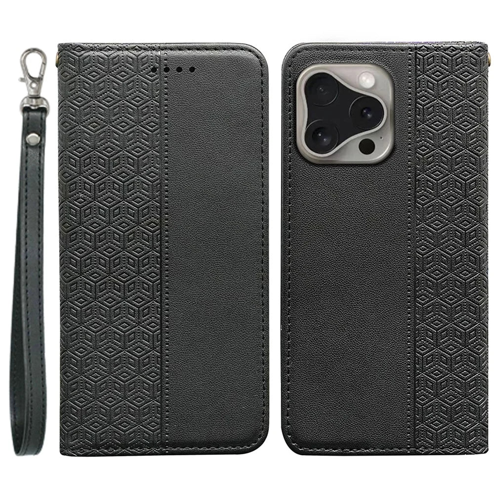 For iPhone 16 Pro Wallet Phone Case Checkered Pattern Imprint Leather Flip Cover with Wrist Strap - Black - 1