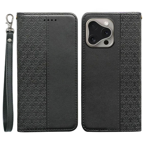 For iPhone 16 Pro Wallet Phone Case Checkered Pattern Imprint Leather Flip Cover with Wrist Strap - Black - 1