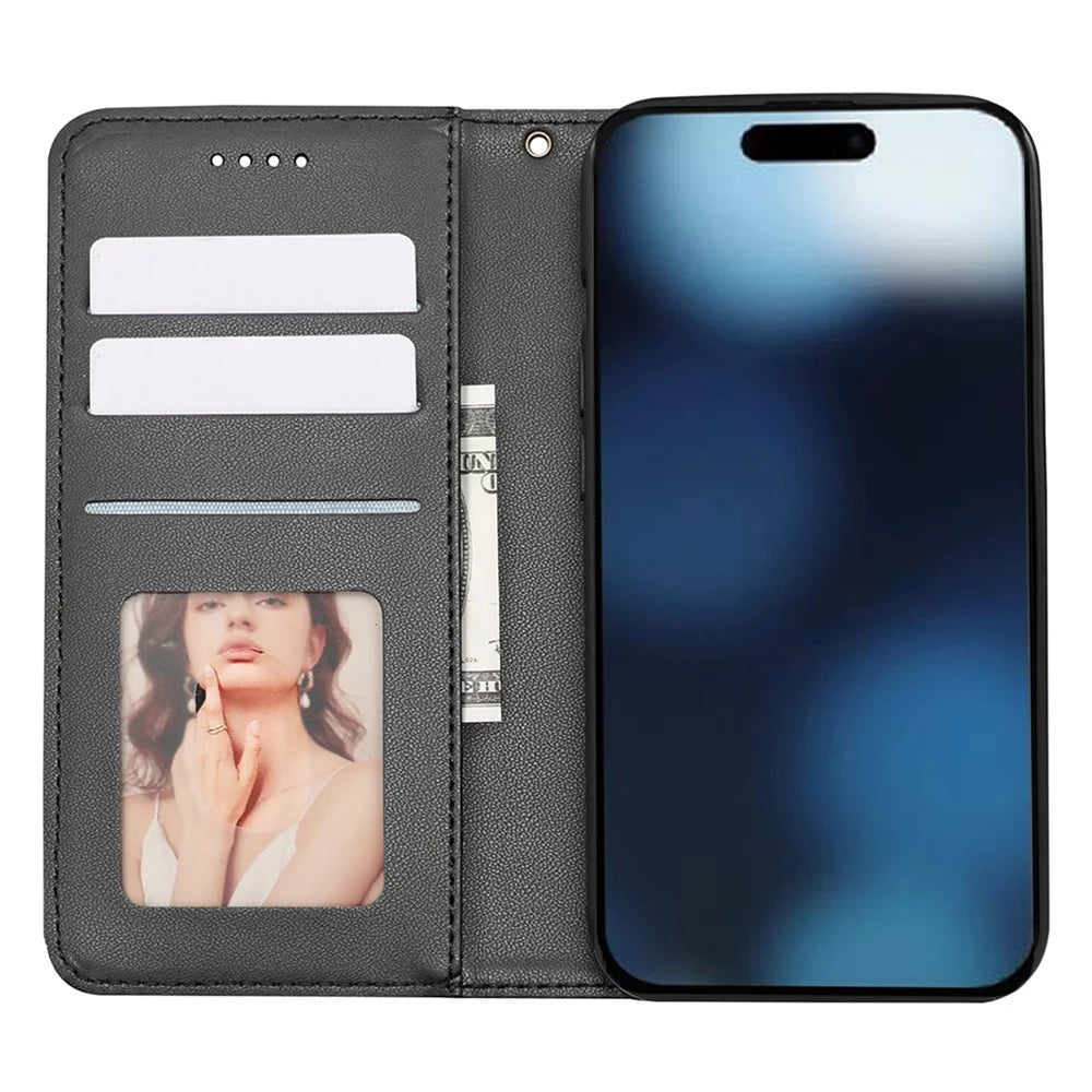 For iPhone 16 Pro Wallet Phone Case Checkered Pattern Imprint Leather Flip Cover with Wrist Strap - Black - 2
