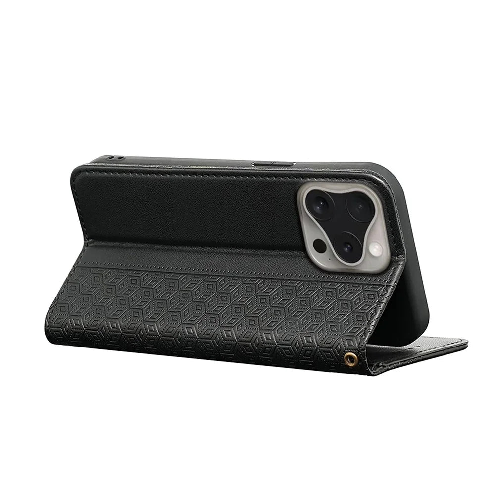 For iPhone 16 Pro Wallet Phone Case Checkered Pattern Imprint Leather Flip Cover with Wrist Strap - Black - 4
