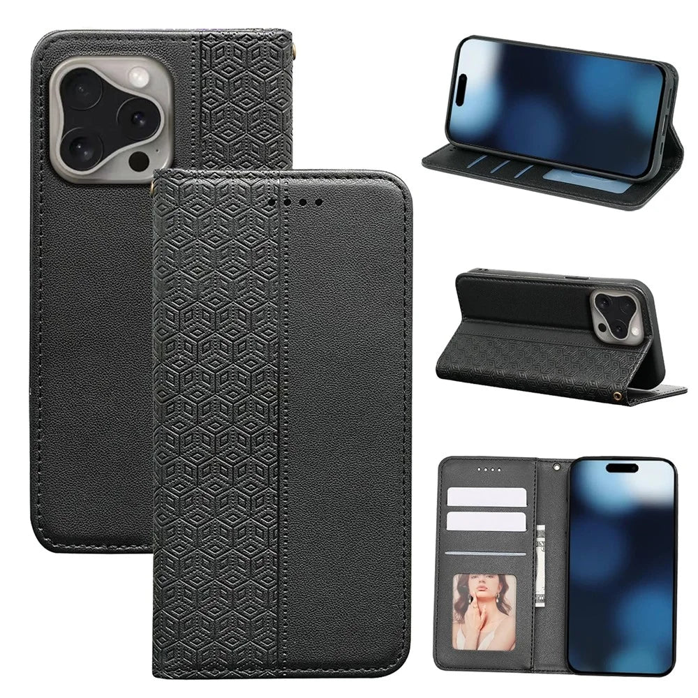 For iPhone 16 Pro Wallet Phone Case Checkered Pattern Imprint Leather Flip Cover with Wrist Strap - Black - 5