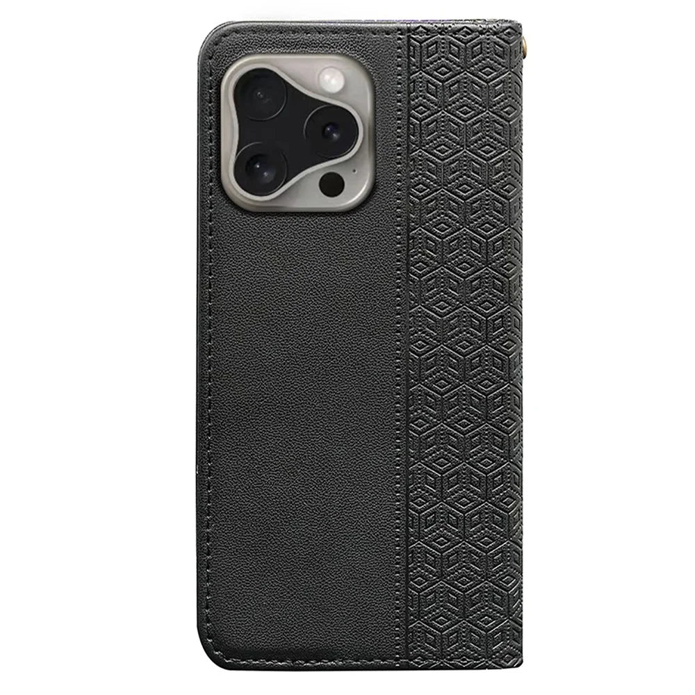 For iPhone 16 Pro Wallet Phone Case Checkered Pattern Imprint Leather Flip Cover with Wrist Strap - Black - 7
