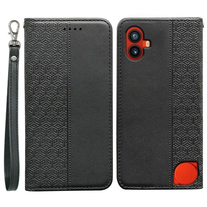 For Nothing CMF Phone 1 Wallet Phone Case Checkered Pattern Imprint Leather Flip Cover with Wrist Strap - Black - 1