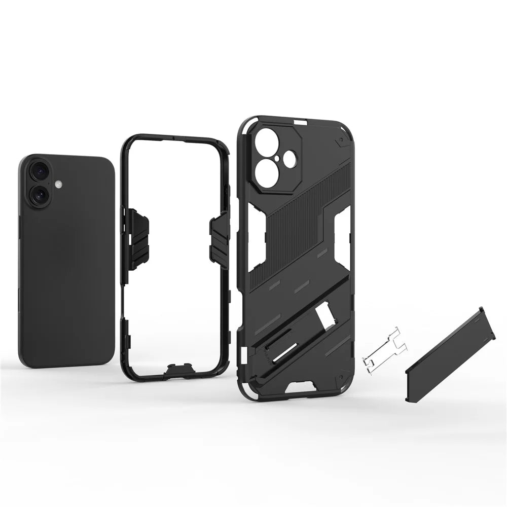 For iPhone 16 Case PC+TPU Shockproof Phone Cover with Kickstand - Black - 2