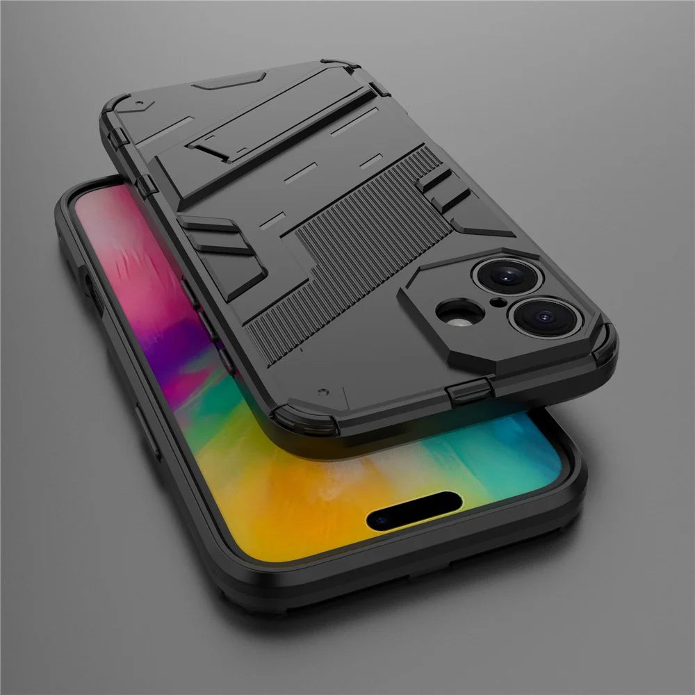 For iPhone 16 Case PC+TPU Shockproof Phone Cover with Kickstand - Black - 5