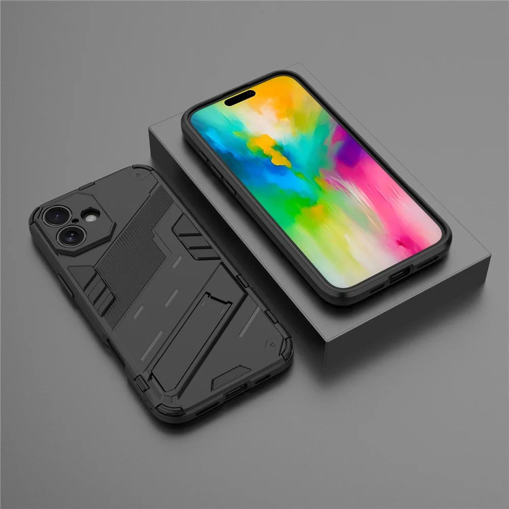 For iPhone 16 Plus Case PC+TPU Shockproof Phone Cover with Kickstand - Black - 6