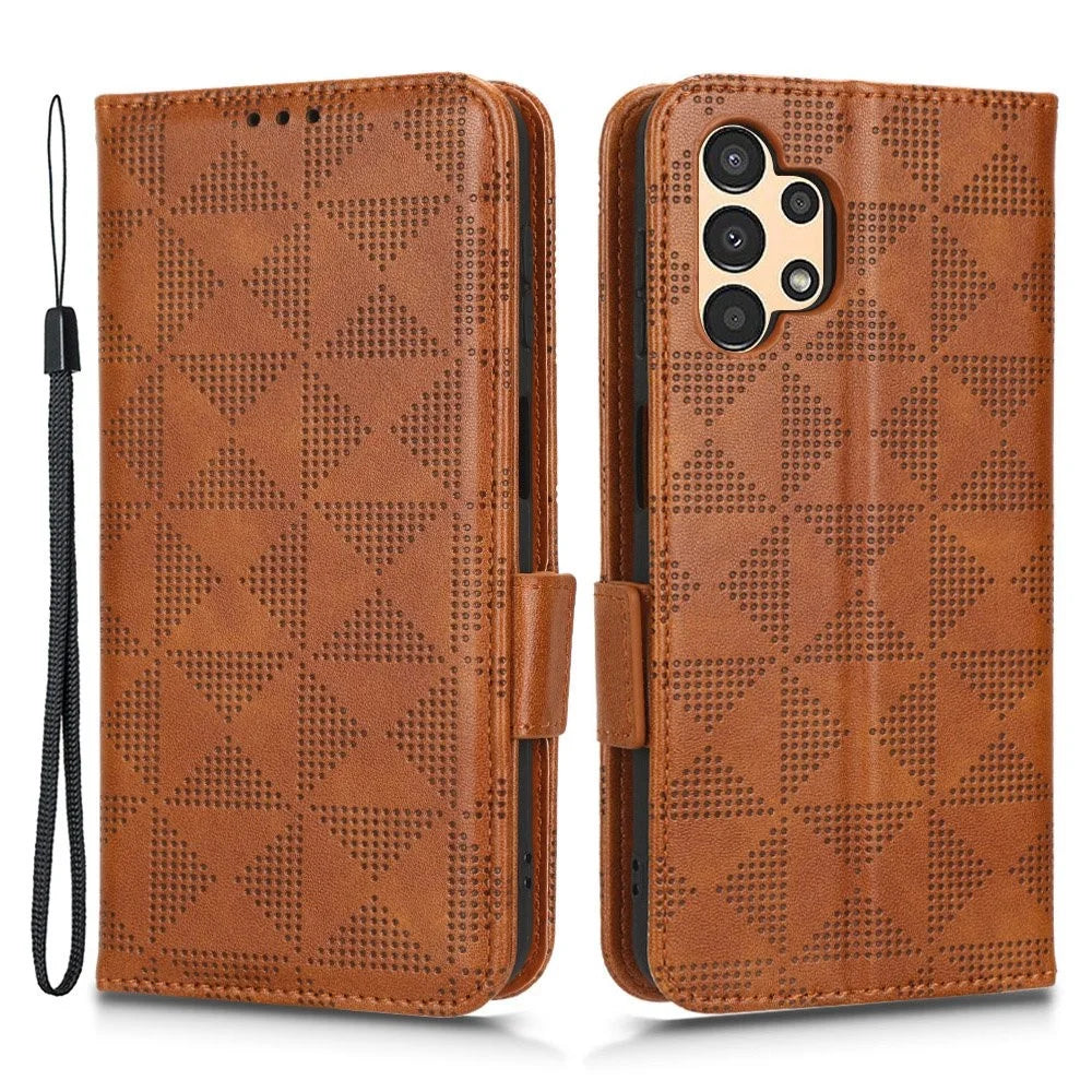 For Samsung Galaxy A13 4G Imprinted Triangle Pattern Anti-scratch PU Leather Case Wallet Foldable Stand Phone Cover - Brown - 1