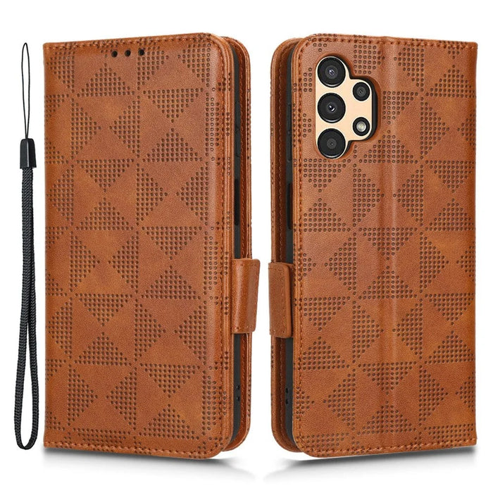 For Samsung Galaxy A13 4G Imprinted Triangle Pattern Anti-scratch PU Leather Case Wallet Foldable Stand Phone Cover - Brown - 1