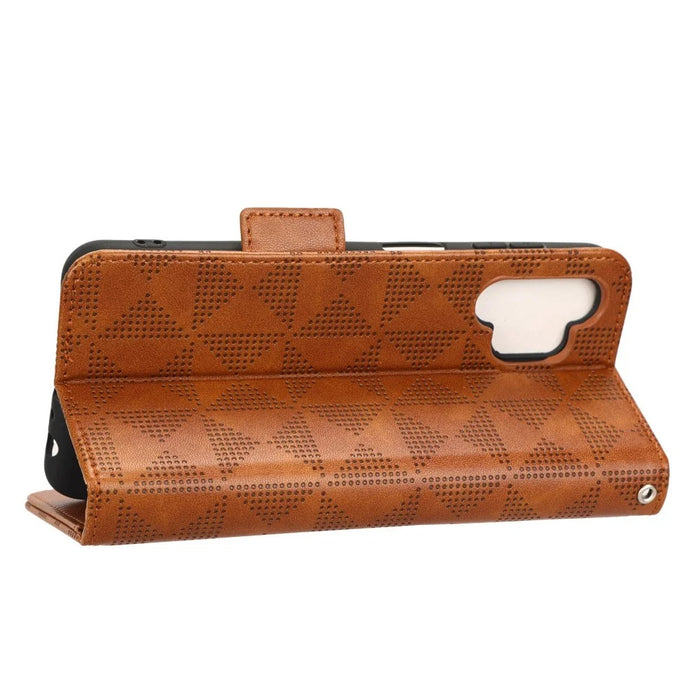 For Samsung Galaxy A13 4G Imprinted Triangle Pattern Anti-scratch PU Leather Case Wallet Foldable Stand Phone Cover - Brown - 3