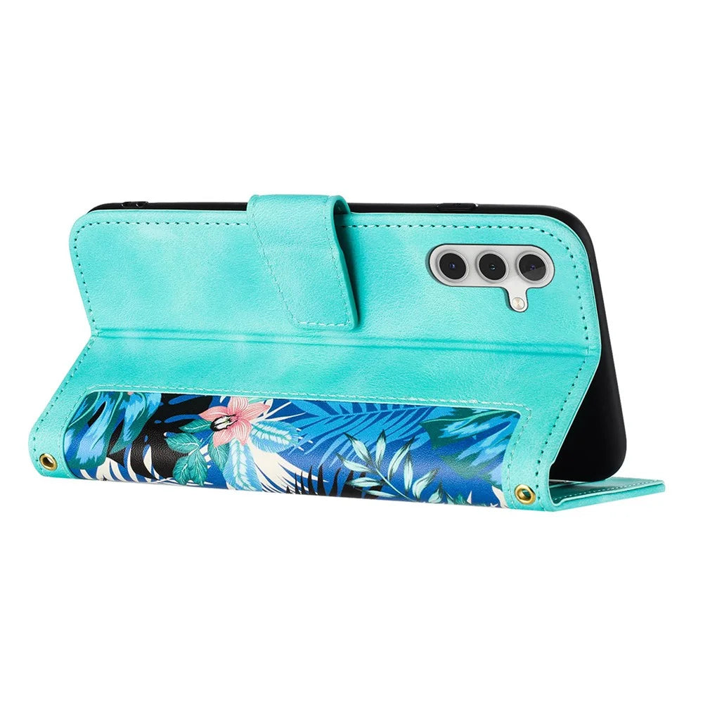 For Samsung Galaxy A16 5G / A16 4G Case PU Leather Floral Phone Cover with Card Slots - Green - 4