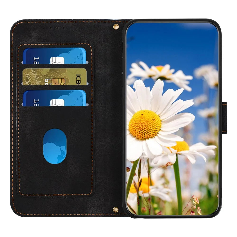 For Samsung Galaxy A06 4G Case PU Leather Floral Phone Cover with Card Slots - Black - 3