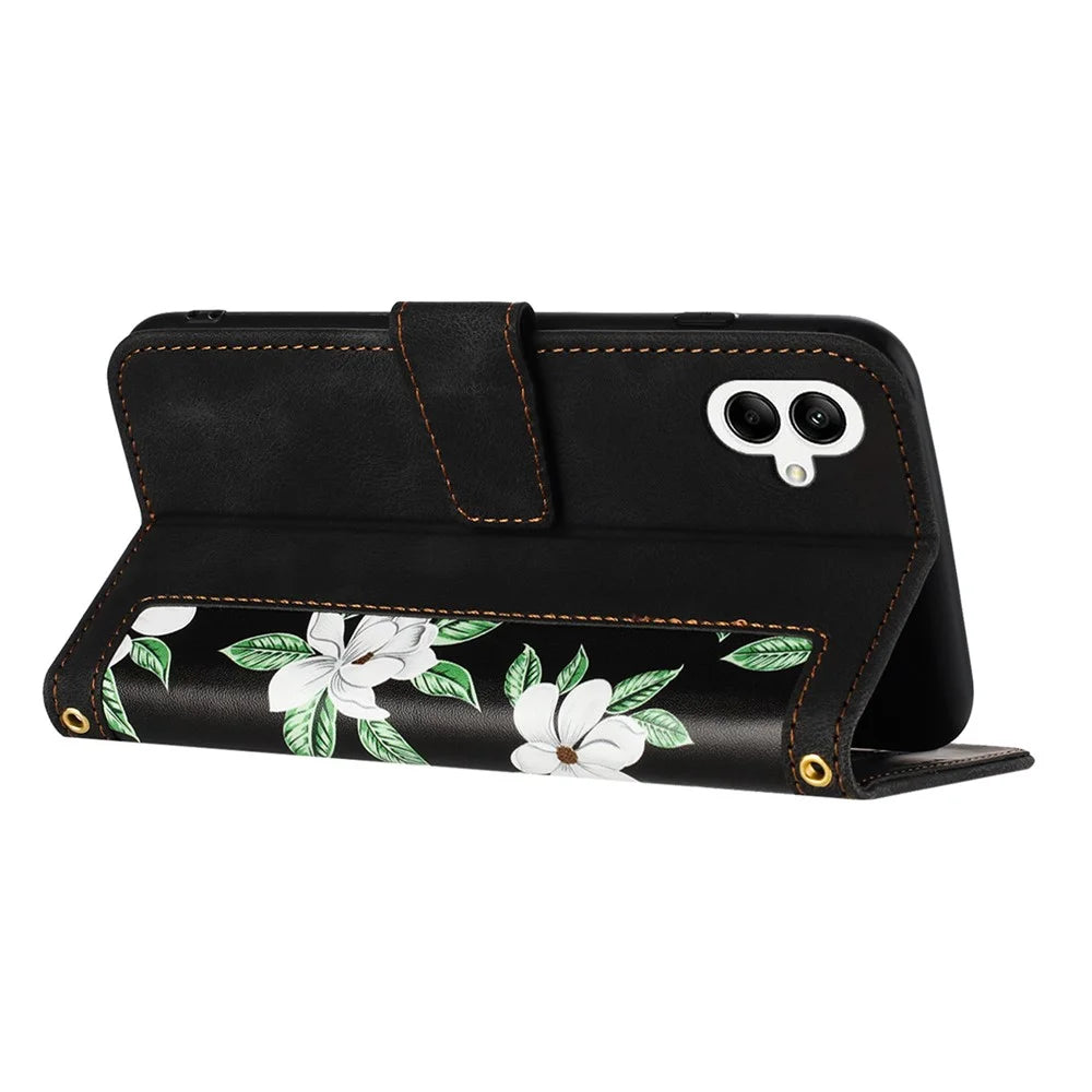 For Samsung Galaxy A06 4G Case PU Leather Floral Phone Cover with Card Slots - Black - 4