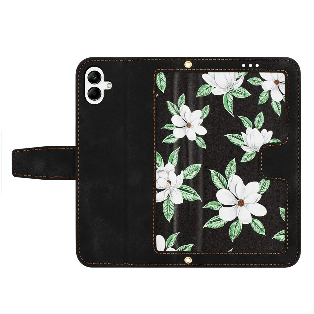 For Samsung Galaxy A06 4G Case PU Leather Floral Phone Cover with Card Slots - Black - 5