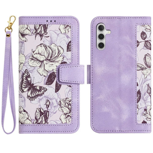 For Samsung Galaxy S24 FE Case PU Leather Floral Phone Cover with Card Slots - Light Purple - 1