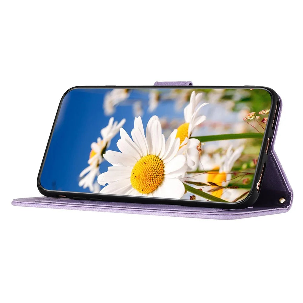 For Samsung Galaxy S24 FE Case PU Leather Floral Phone Cover with Card Slots - Light Purple - 2