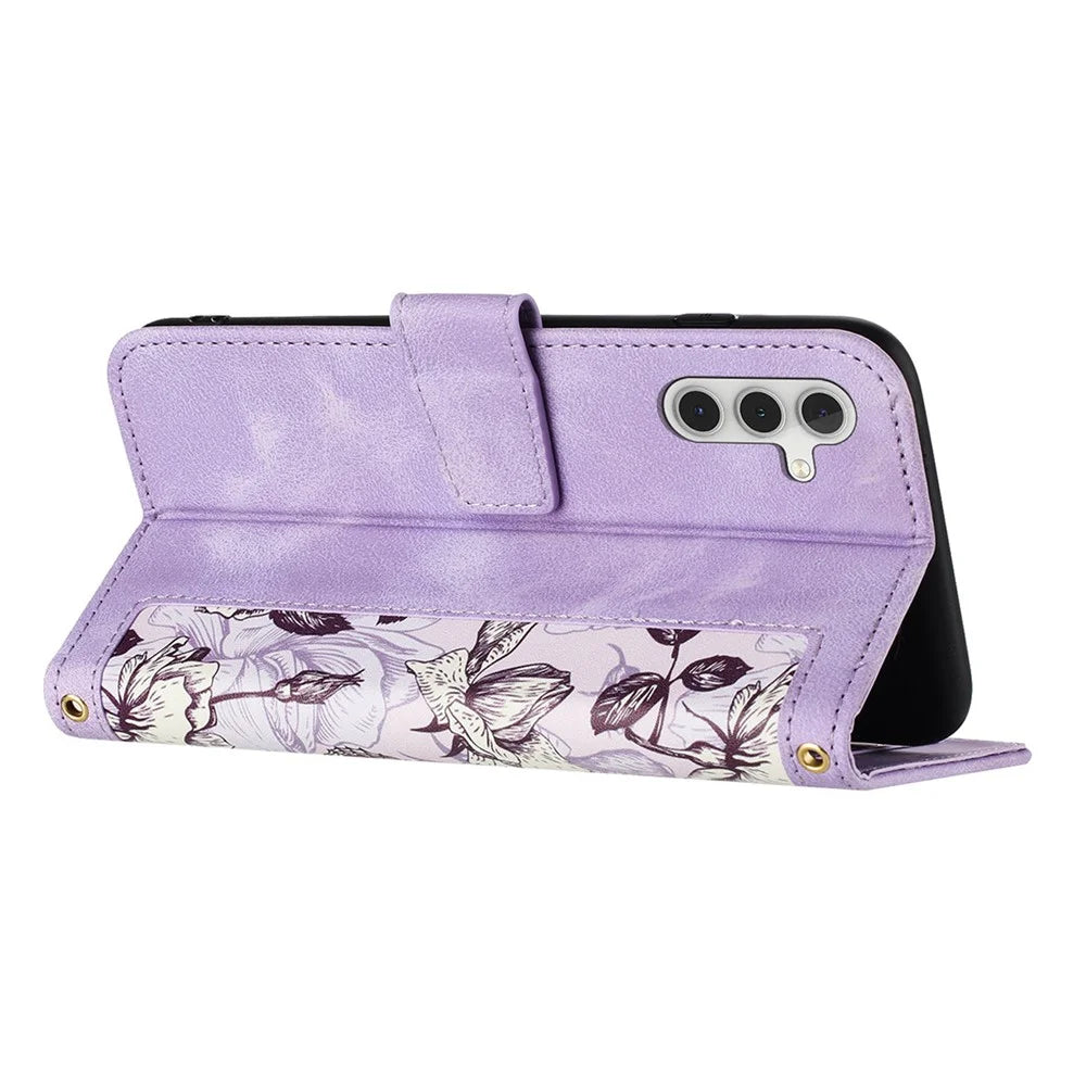 For Samsung Galaxy S24 FE Case PU Leather Floral Phone Cover with Card Slots - Light Purple - 4