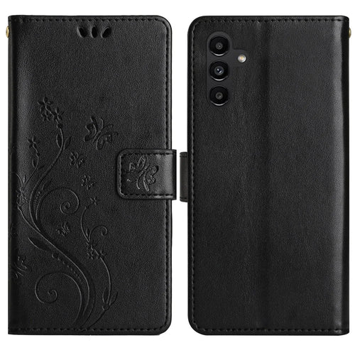 For Samsung Galaxy S24 FE Leather Wallet Case Butterfly Flower Imprinted Phone Cover with Strap - Black - 1