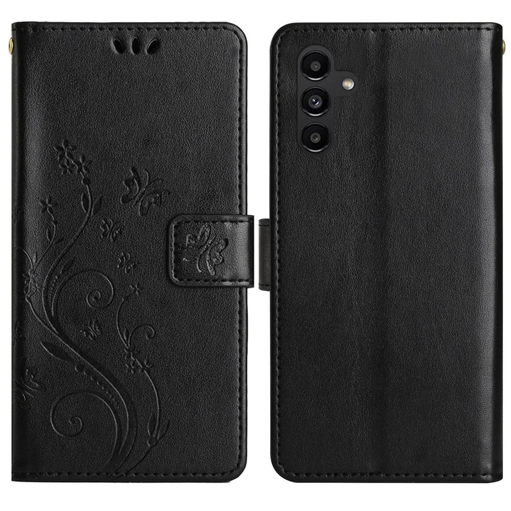 For Samsung Galaxy S24 FE Leather Wallet Case Butterfly Flower Imprinted Phone Cover with Strap - Black - 1