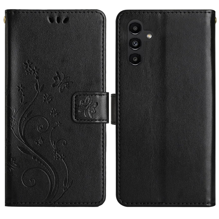 For Samsung Galaxy S24 FE Leather Wallet Case Butterfly Flower Imprinted Phone Cover with Strap - Black - 1