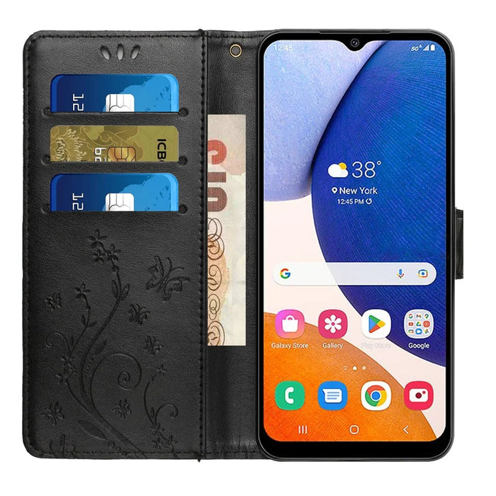 For Samsung Galaxy S24 FE Leather Wallet Case Butterfly Flower Imprinted Phone Cover with Strap - Black - 2
