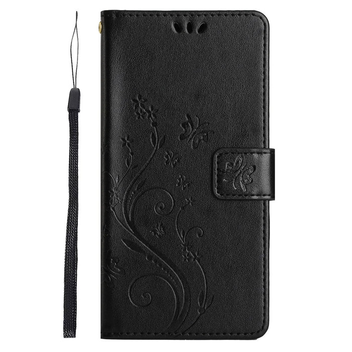 For Samsung Galaxy S24 FE Leather Wallet Case Butterfly Flower Imprinted Phone Cover with Strap - Black - 6