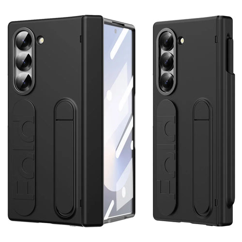 For Samsung Galaxy Z Fold6 5G Case Kickstand Wristband PC Phone Cover with Tempered Glass Film - Black - 1