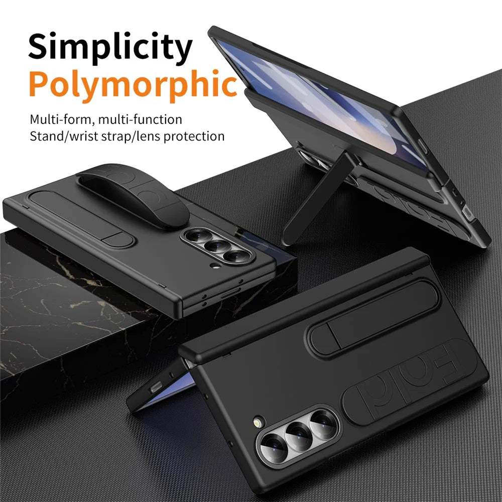 For Samsung Galaxy Z Fold6 5G Case Kickstand Wristband PC Phone Cover with Tempered Glass Film - Black - 2