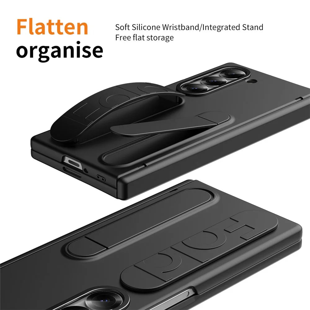 For Samsung Galaxy Z Fold6 5G Case Kickstand Wristband PC Phone Cover with Tempered Glass Film - Black - 4