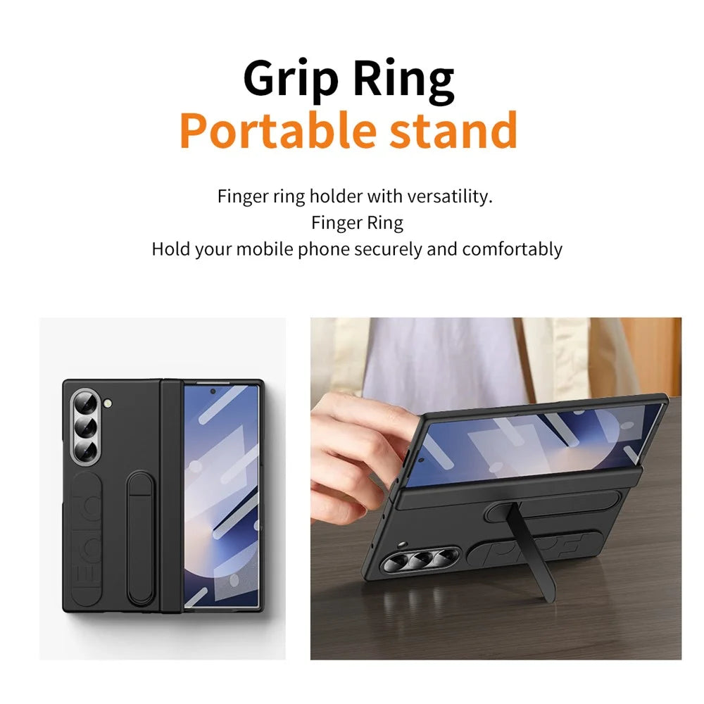 For Samsung Galaxy Z Fold6 5G Case Kickstand Wristband PC Phone Cover with Tempered Glass Film - Black - 6