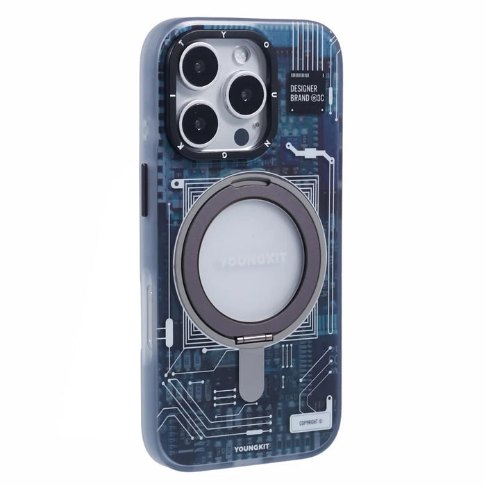 YOUNGKIT Technology Series for iPhone 16 Pro Case Compatible with MagSafe Kickstand IMD PC+TPU Phone Cover - Grey - 1