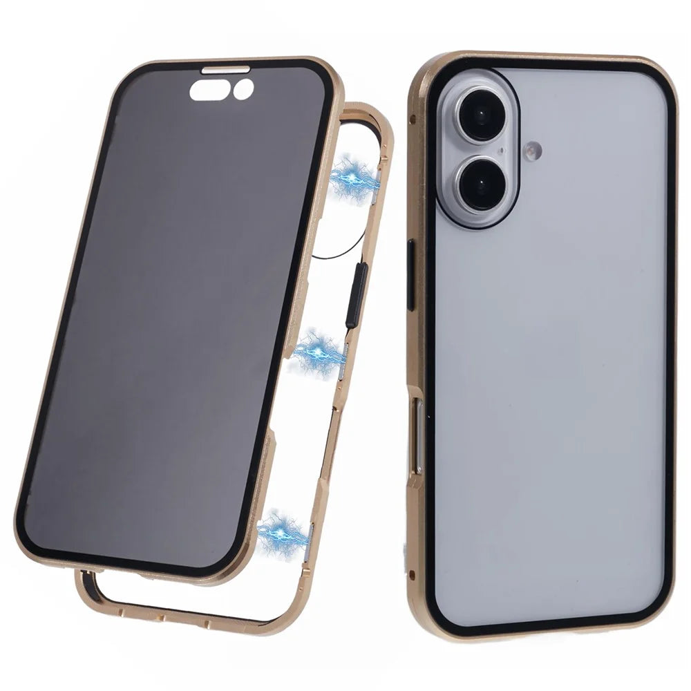 For iPhone 16 Plus Anti-Spy Case Magnetic Metal Frame + Double-Sided Tempered Glass Phone Cover - Gold - 1