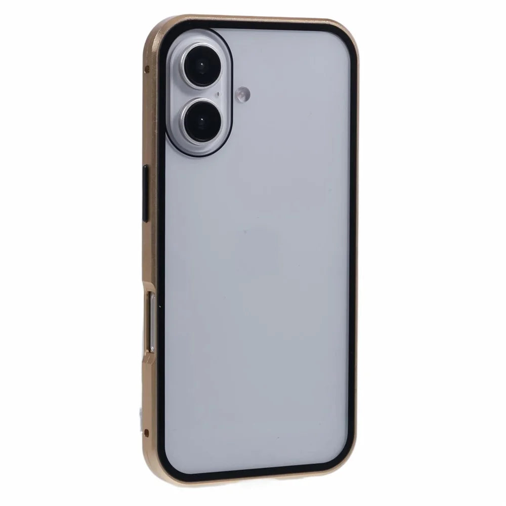 For iPhone 16 Plus Anti-Spy Case Magnetic Metal Frame + Double-Sided Tempered Glass Phone Cover - Gold - 4