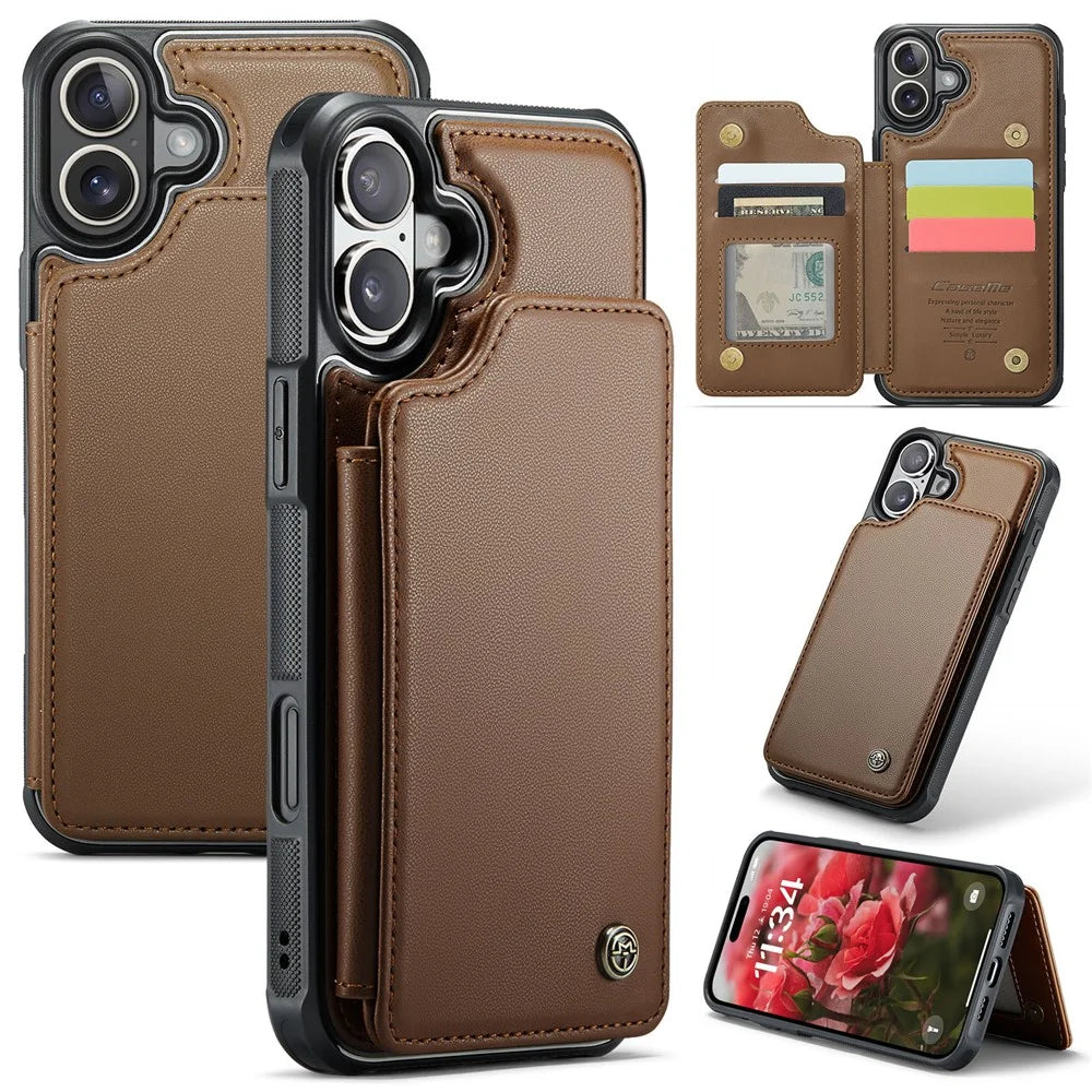 For iPhone 16 Plus Phone Case CASEME C22 Leather Back Cover with RFID Blocking Card Slots - Brown - 1