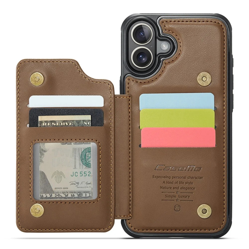 For iPhone 16 Plus Phone Case CASEME C22 Leather Back Cover with RFID Blocking Card Slots - Brown - 2