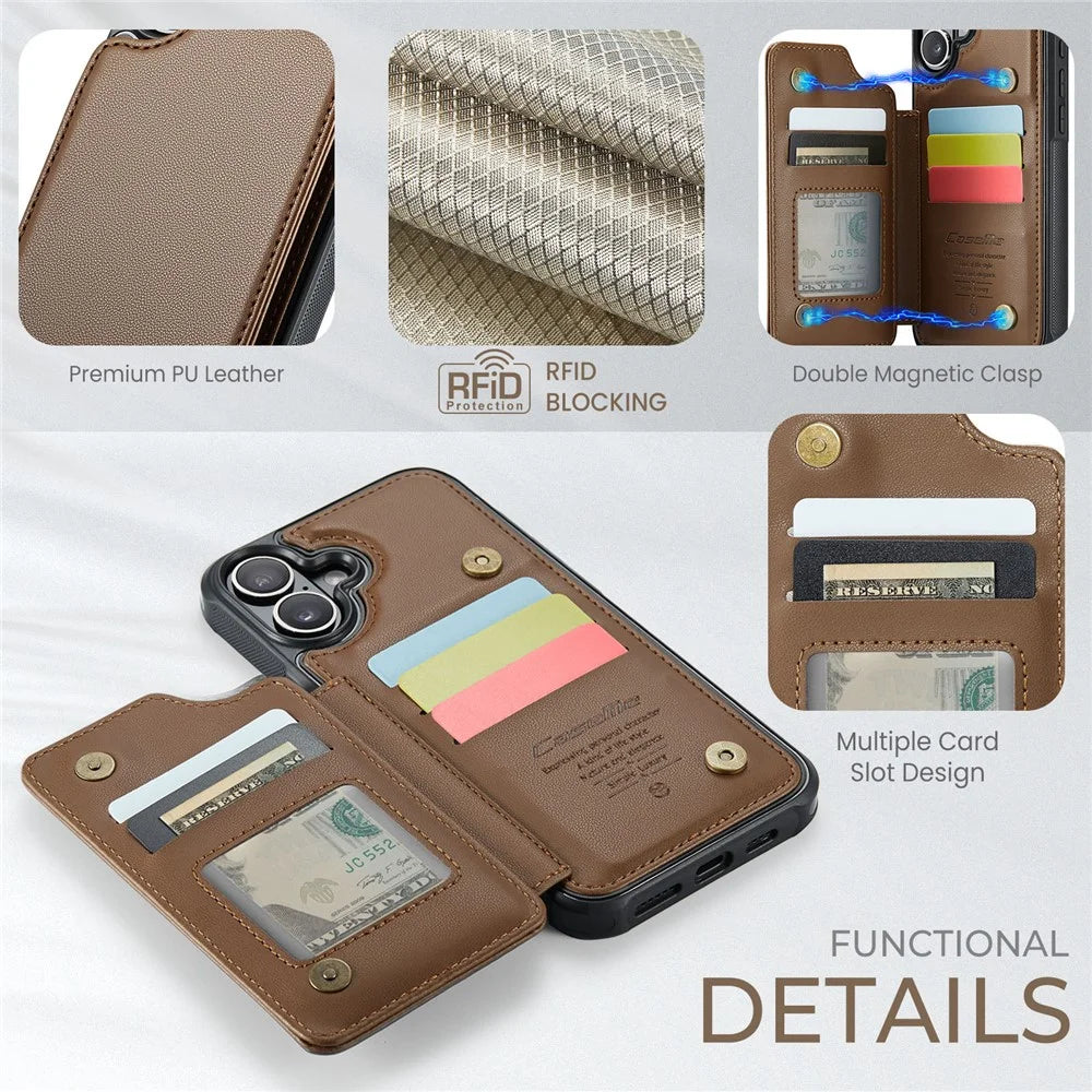 For iPhone 16 Plus Phone Case CASEME C22 Leather Back Cover with RFID Blocking Card Slots - Brown - 4
