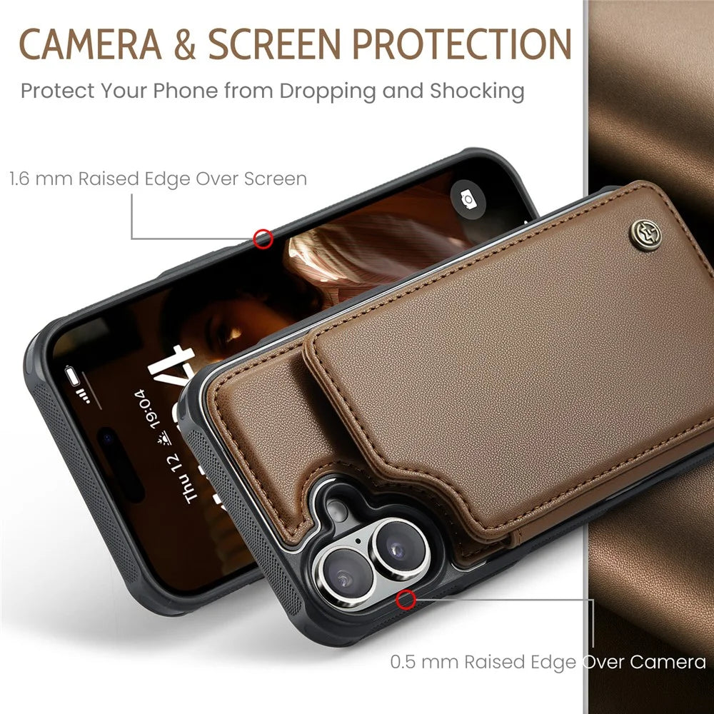 For iPhone 16 Plus Phone Case CASEME C22 Leather Back Cover with RFID Blocking Card Slots - Brown - 5