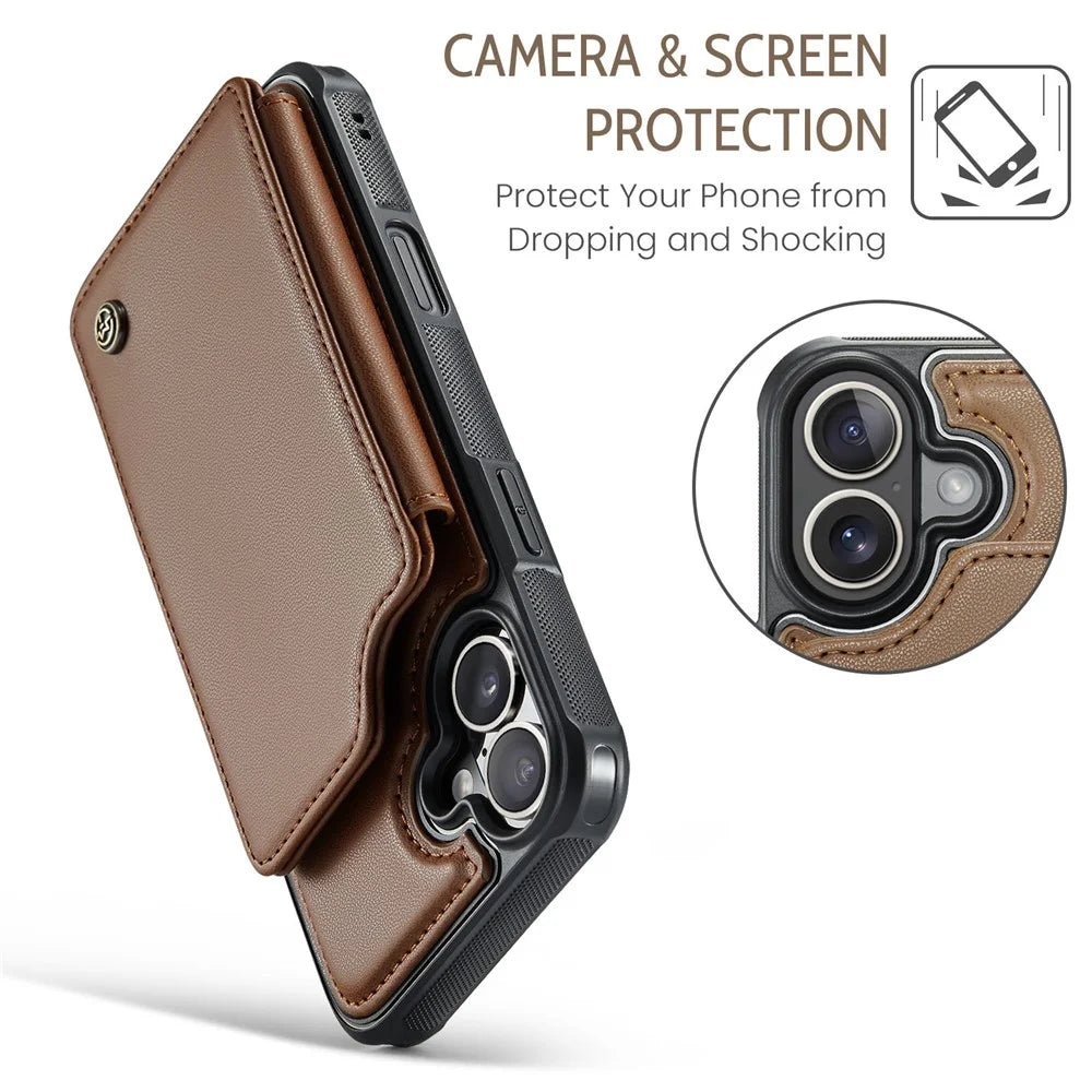 For iPhone 16 Plus Phone Case CASEME C22 Leather Back Cover with RFID Blocking Card Slots - Brown - 7