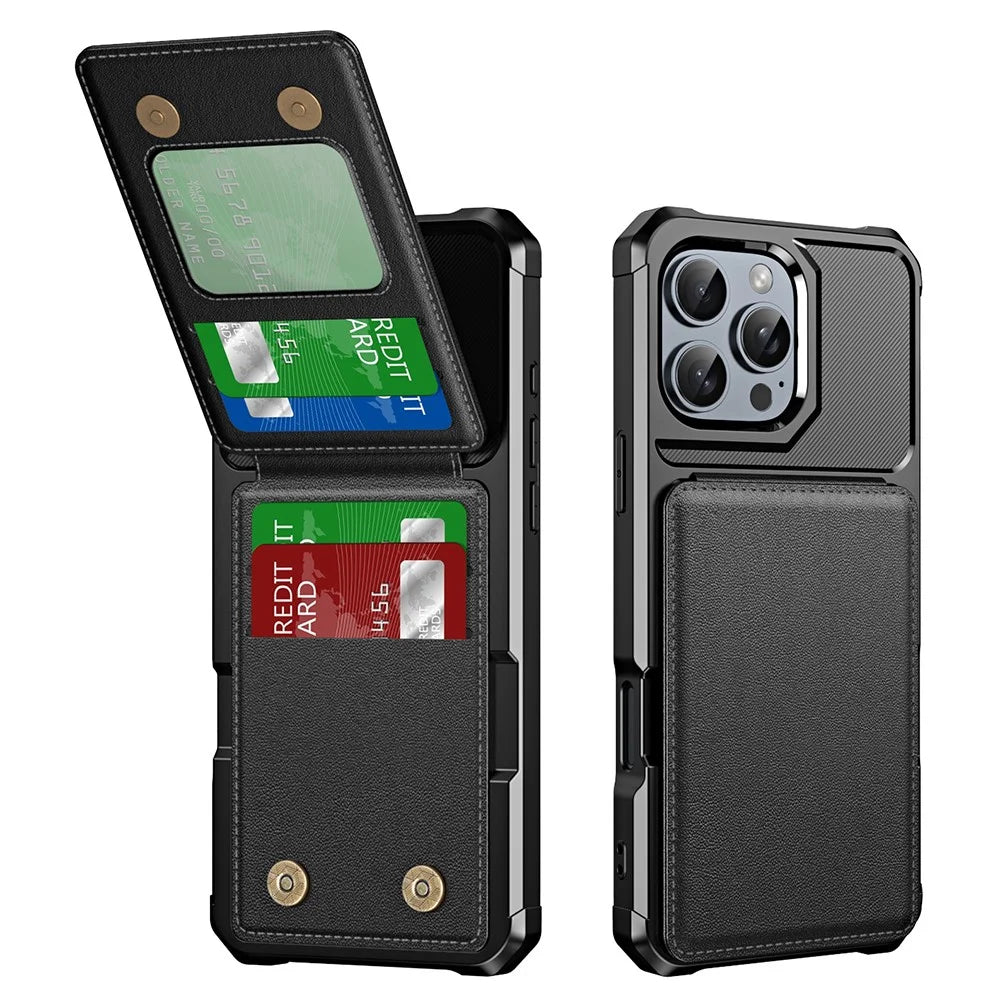 For iPhone 16 Pro Case Card Slot Kickstand PU+TPU Phone Cover - Black - 1