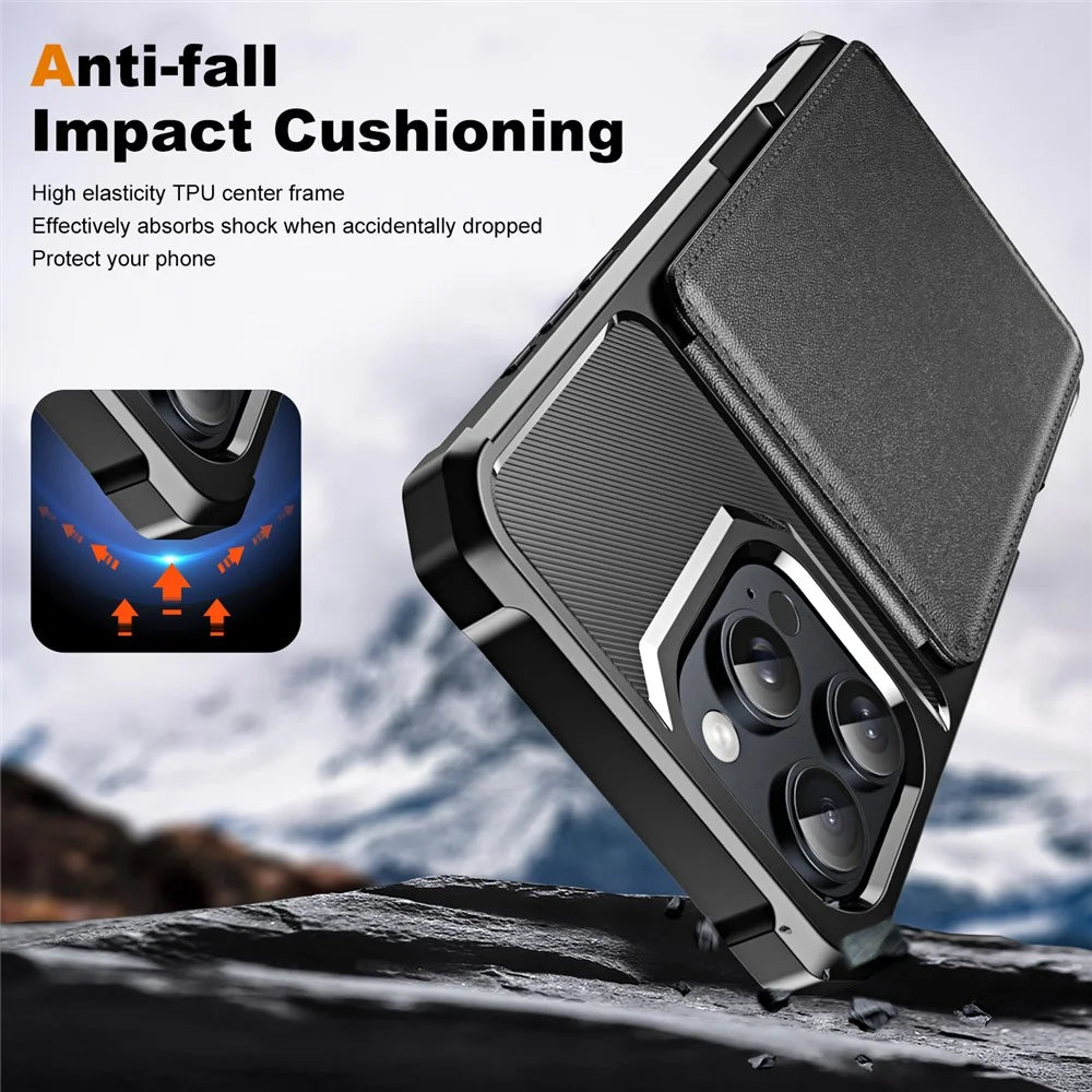 For iPhone 16 Pro Case Card Slot Kickstand PU+TPU Phone Cover - Black - 6