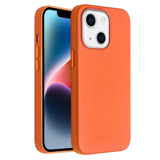 QIALINO Anti-Fall Phone Case for iPhone 14 Plus Protective Magnetic Case Genuine Leather Coated Shockproof PC Cover - Orange - 1