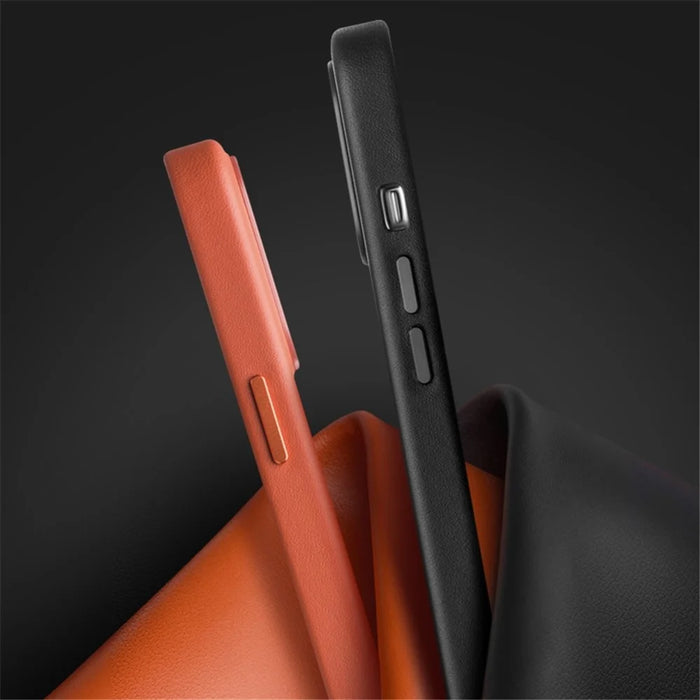 QIALINO Anti-Fall Phone Case for iPhone 14 Plus Protective Magnetic Case Genuine Leather Coated Shockproof PC Cover - Orange - 4