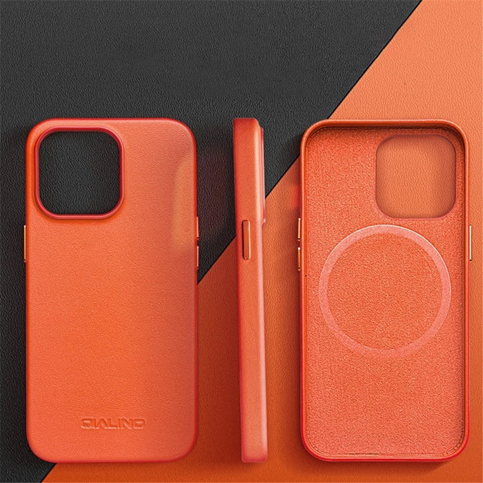 QIALINO Anti-Fall Phone Case for iPhone 14 Plus Protective Magnetic Case Genuine Leather Coated Shockproof PC Cover - Orange - 5