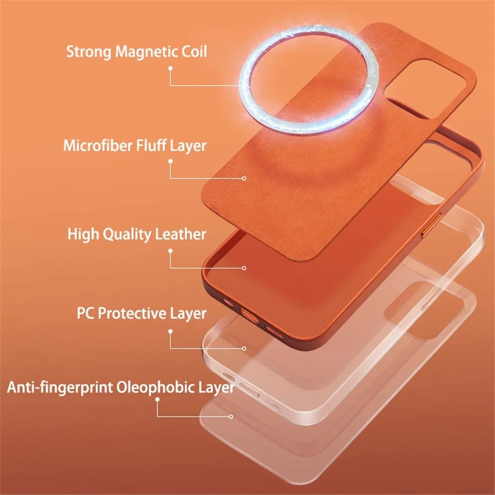 QIALINO Protective Case for iPhone 14 Shockproof Magnetic Case Genuine Leather Coated Anti-Fall Phone PC Cover - Orange - 2