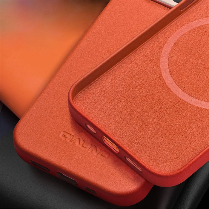 QIALINO Protective Case for iPhone 14 Shockproof Magnetic Case Genuine Leather Coated Anti-Fall Phone PC Cover - Orange - 3