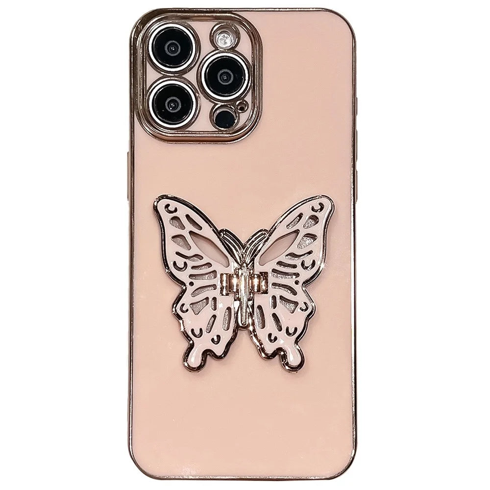 For iPhone 16 Pro Case Butterfly Kickstand TPU Electroplating Phone Cover - Pink - 1