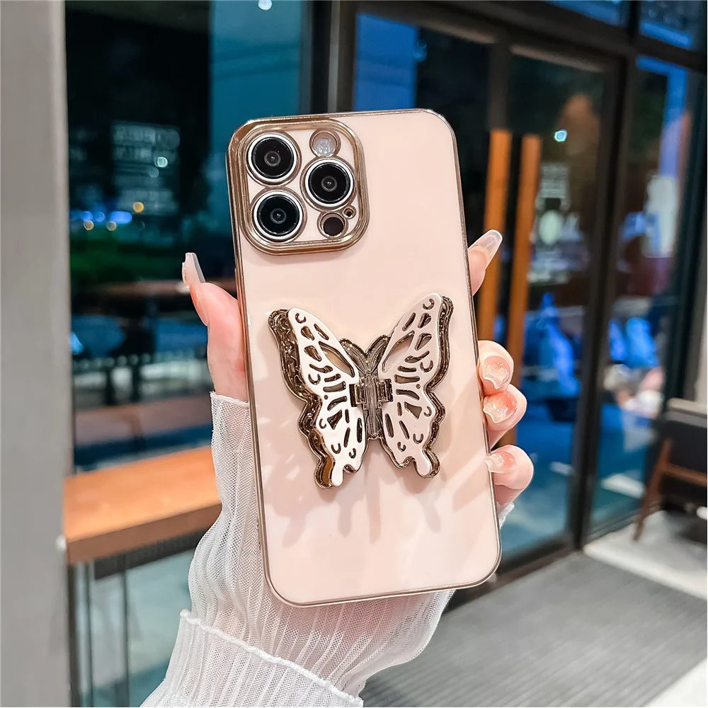 For iPhone 16 Pro Case Butterfly Kickstand TPU Electroplating Phone Cover - Pink - 2