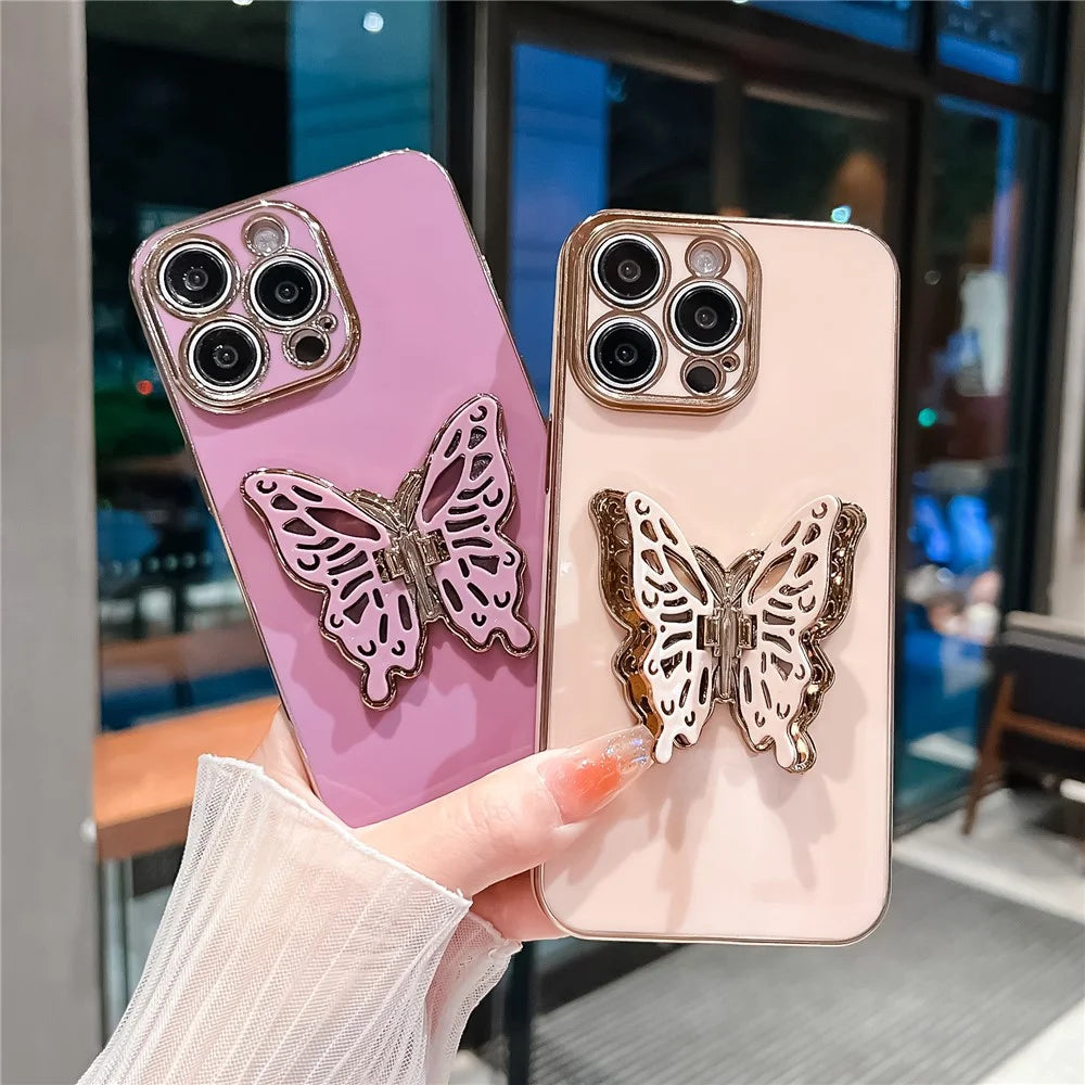 For iPhone 16 Pro Case Butterfly Kickstand TPU Electroplating Phone Cover - Pink - 3