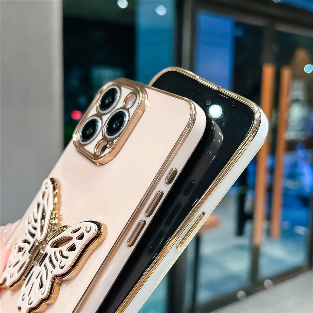 For iPhone 16 Pro Case Butterfly Kickstand TPU Electroplating Phone Cover - Pink - 4