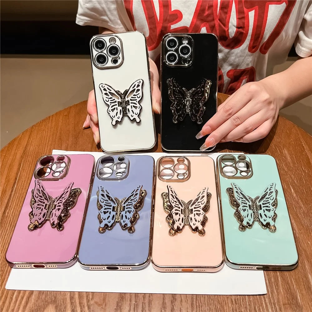 For iPhone 16 Pro Case Butterfly Kickstand TPU Electroplating Phone Cover - Pink - 7